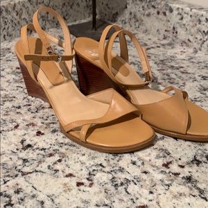 Tan leather ankle wrap wedge sandals